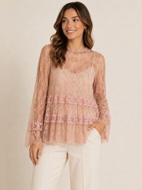 Buffalo David Bitton Blush Pink Lace Peplum Blouse Size M Romantic Boho Sheer